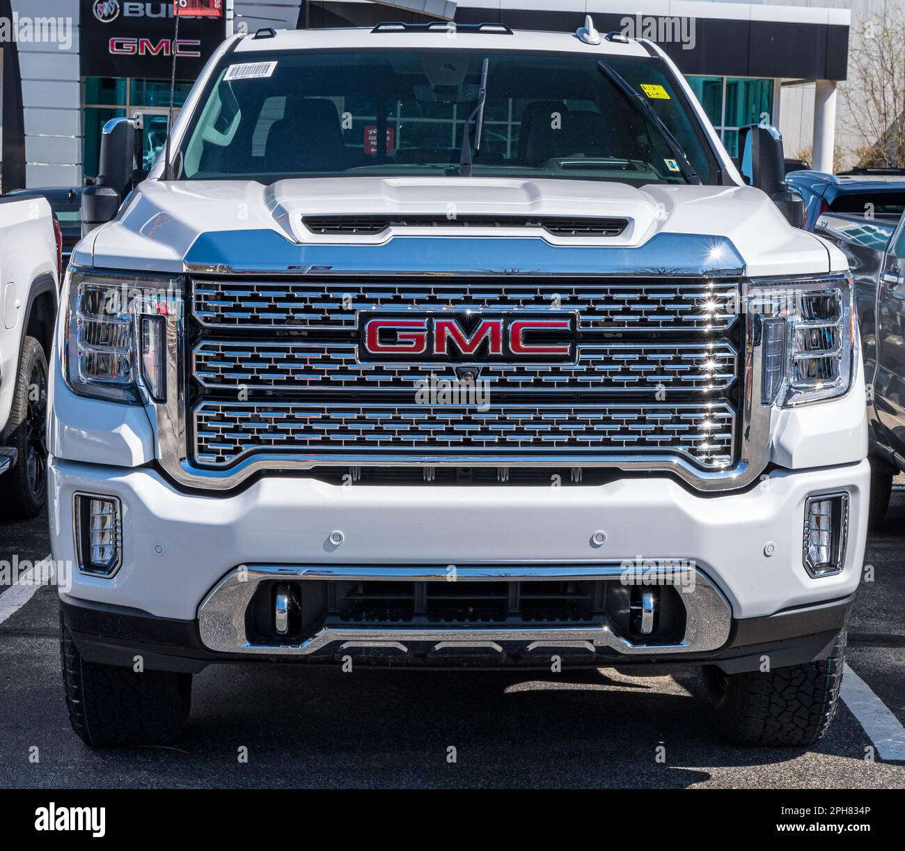 A new, white GMC pickup truck for sale at a dealership in Monroeville, Pennsylvania, USA Stock Photo