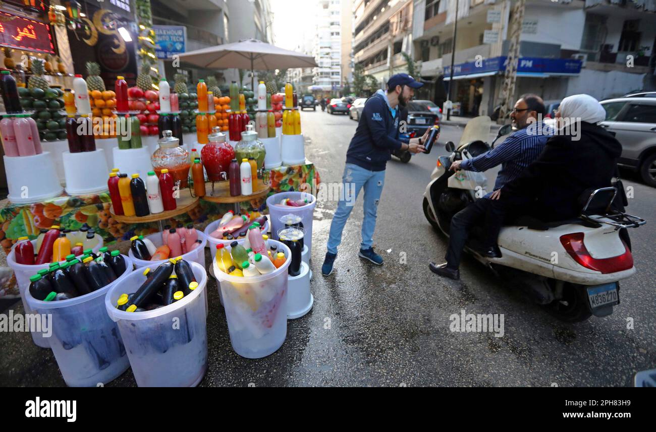 Beirut, Lebanon. 26th Mar, 2023. A juice seller promotes his products in Beirut, Lebanon, on March 26, 2023. Credit: Bilal Jawich/Xinhua/Alamy Live News Stock Photo
