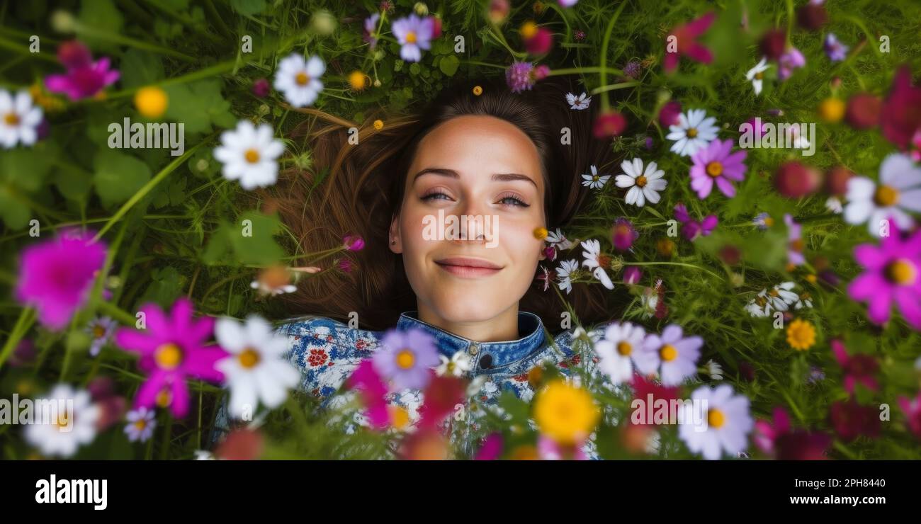 young pretty woman laying down in a field full of spring flowers. Generative ai Stock Photo