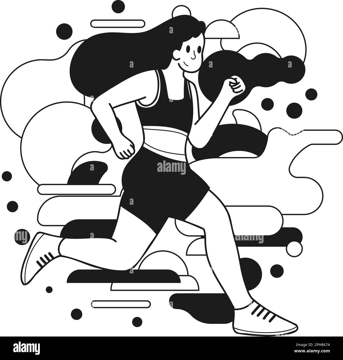 Fitness girl running and exercising illustration in doodle style