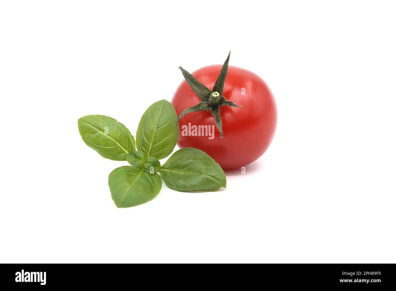 Fresh green basil leaves and cherry tomatoes isolated on white ...