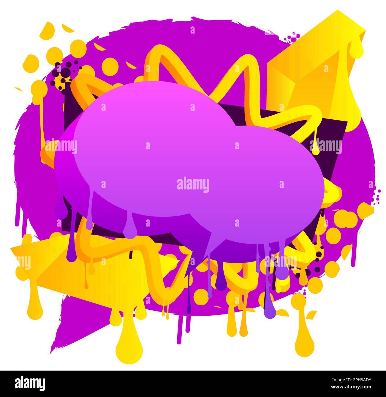 Purple and Yellow Graffiti Speech Bubble Background. Abstract modern street art banner decoration performed in urban painting style. Stock Vector