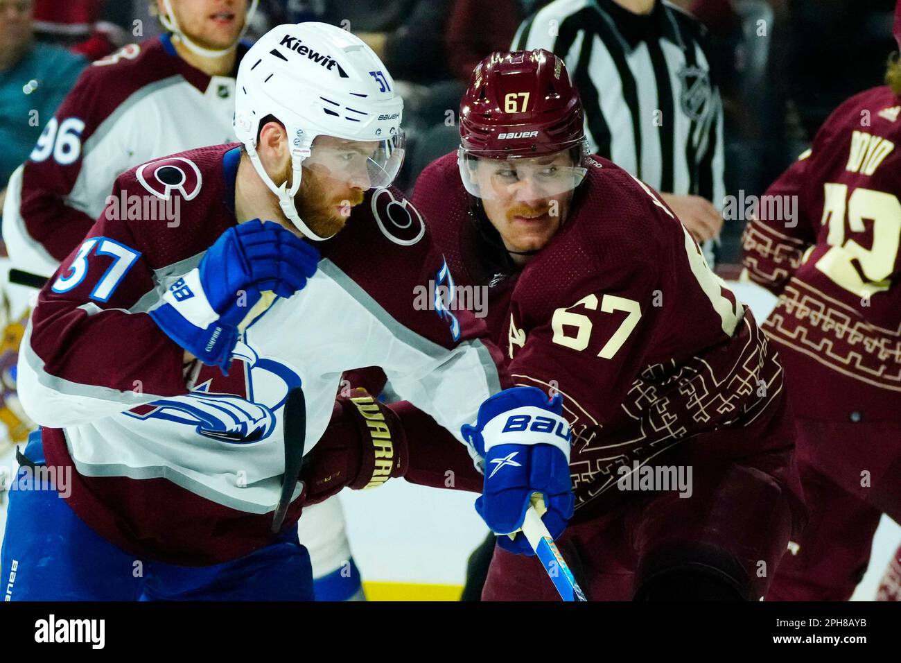 Colorado Avalanche left wing J.T. Compher (37) and Arizona Coyotes left
