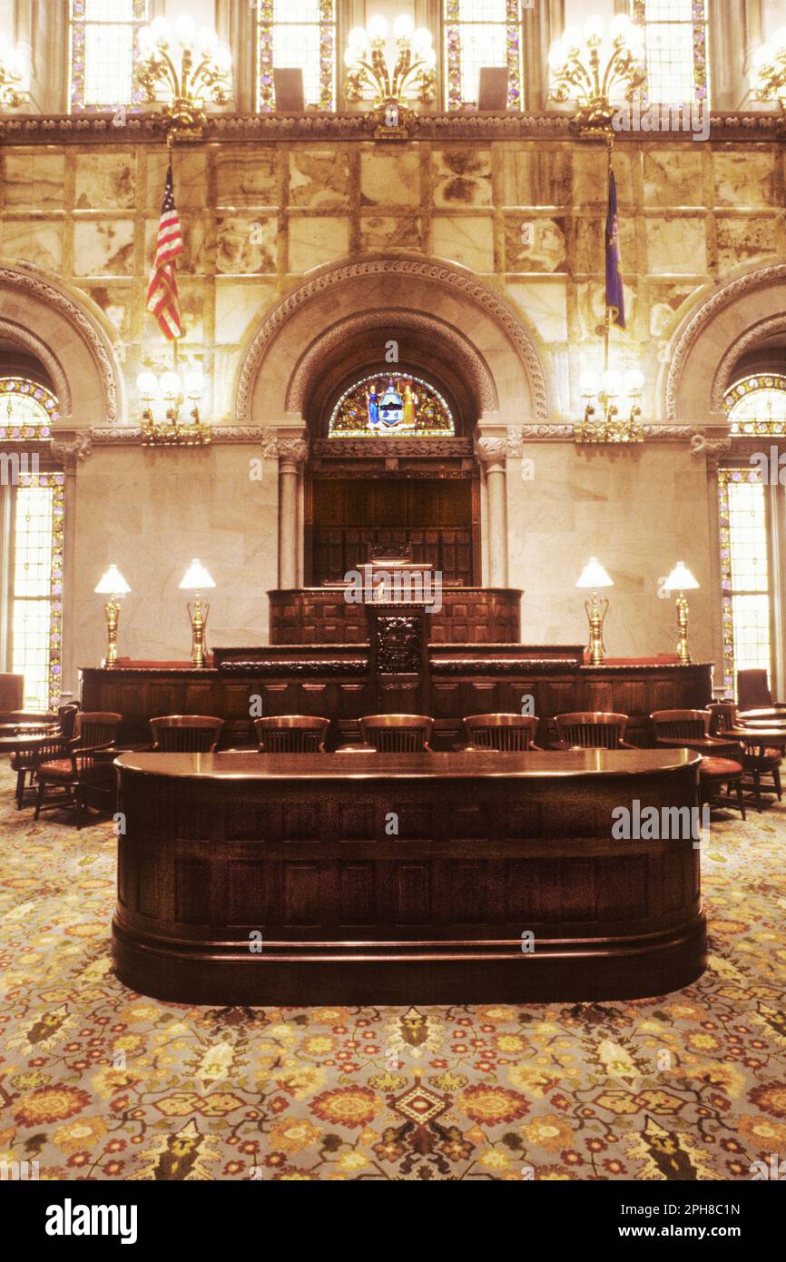 Albany New York Senate Chamber in State Capitol Building. Speakers podium. Empire State landmark interior USA. No people Stock Photo