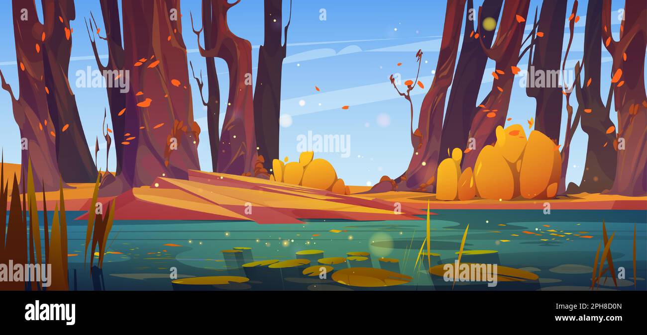 Green swamp or lake with waterlily vector background. Autumn pond with orange bush and falling leaves. Dirty water in river with shining surface cartoon illustration, wild landscape for fantasy game Stock Vector