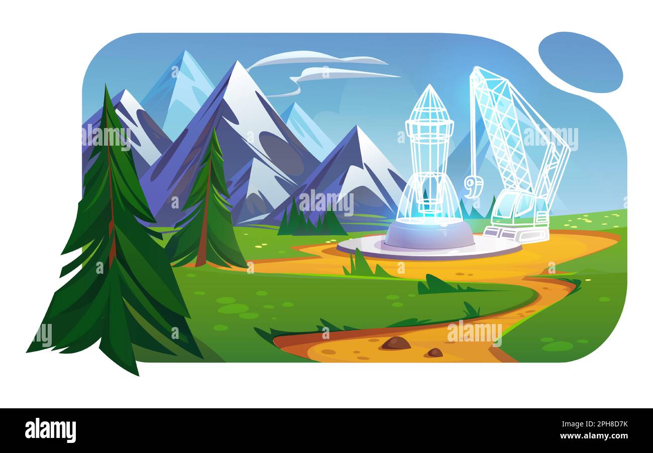 Mountain valley landscape with rocket digital hologram, green grass, trees, road and clouds in sky. Summer scene of rocks range, meadows, pine trees and path, wireframe spaceship vector cartoon Stock Vector