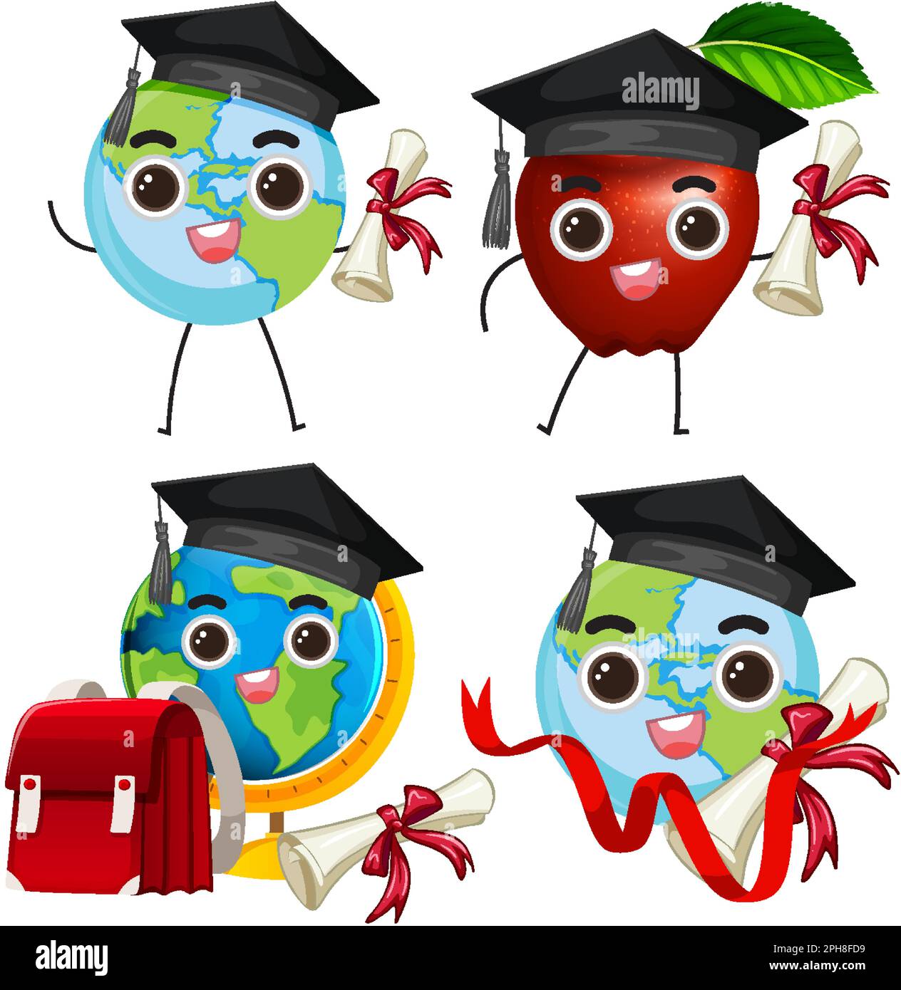 Earth Graduation Cartoon Icons Set illustration Stock Vector Image ...