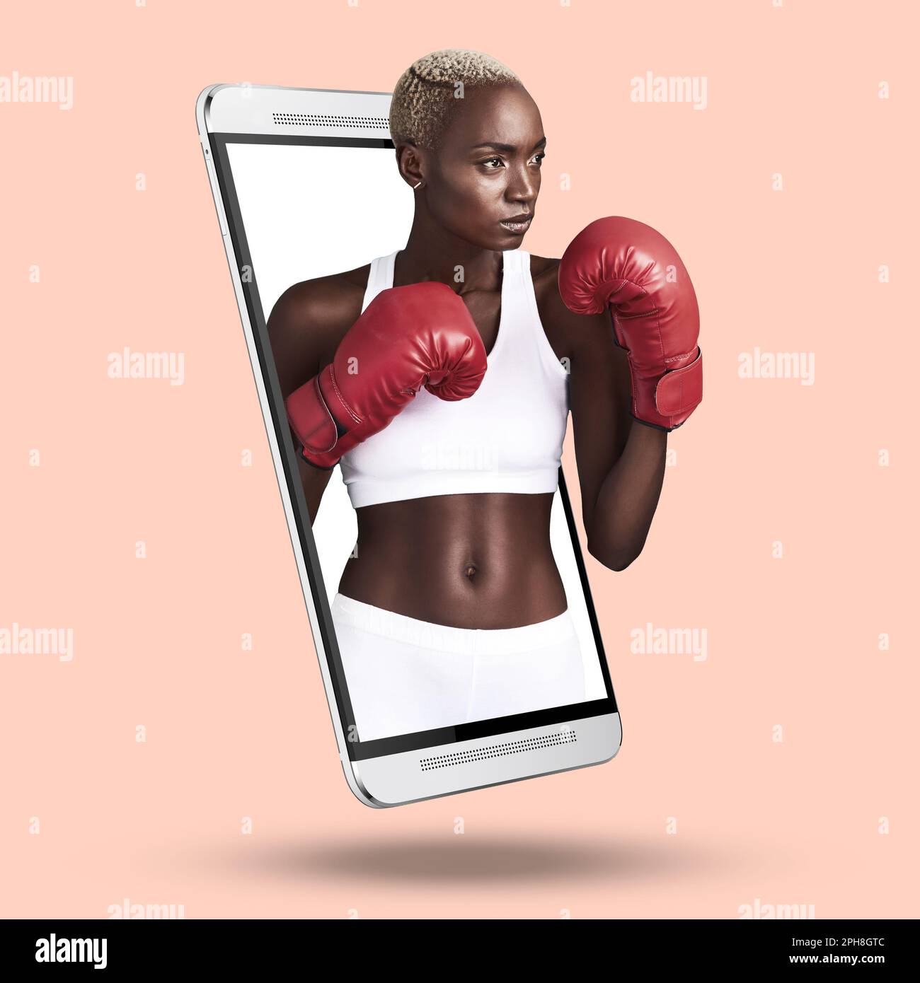 Phone, boxing and fitness app with black woman on studio background for sports, workout or training
