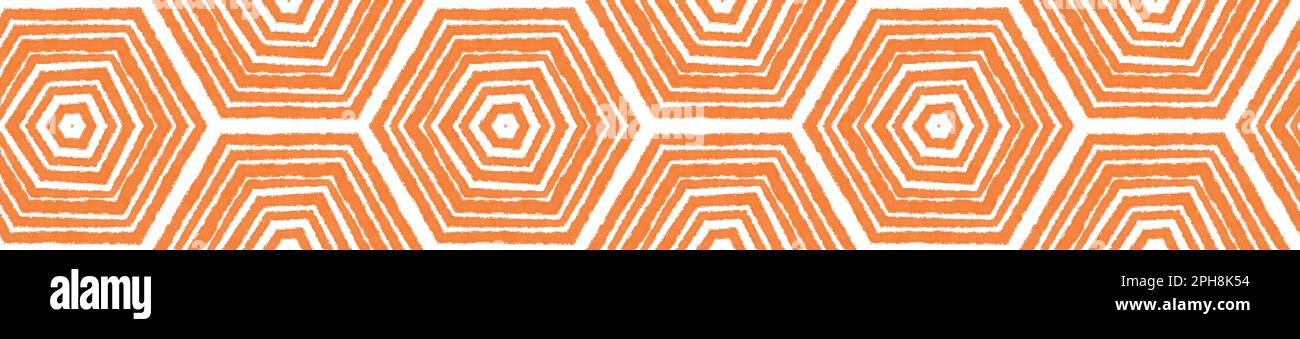 Exotic seamless border. Orange symmetrical kaleidoscope background. superb decorative design element for background. Summer swimwear exotic seamless d Stock Photo