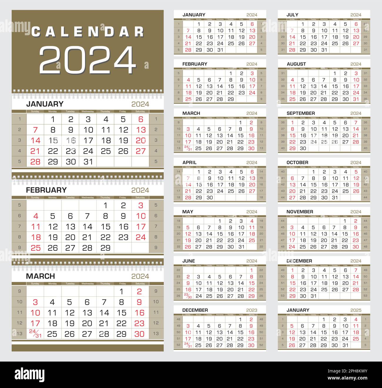 Calendar 2024. Wall quarterly calendar with week numbers. Week start from Sunday. Ready for print, color - Black, Red, Gold. Vector Illustration Stock Vector
