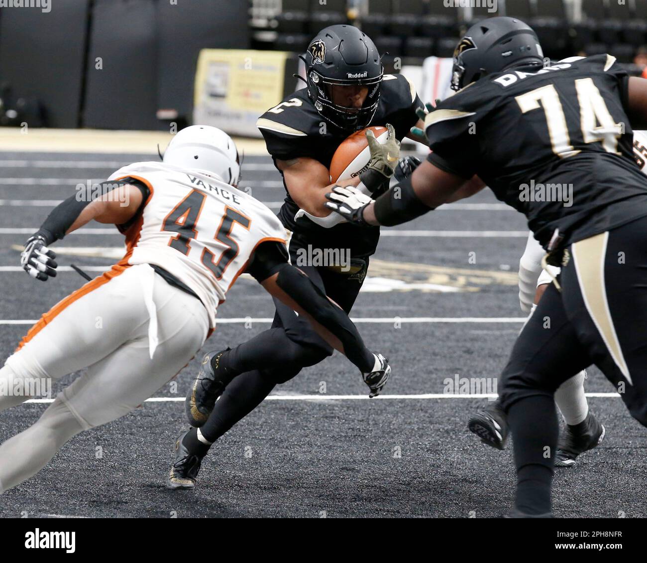 San Jose, California, USA. 26th Mar, 2023. Bay Area Panthers running back  Justin Rankin (2) scores a touch down against Arizona Rattlers defensive  back JACOBI TAYLOR (29) in their IFL (Indoor Football