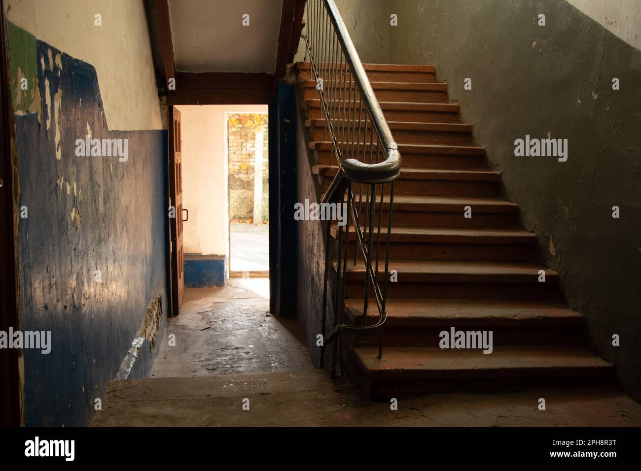 old soviet dirty dark staircase in an apartment building in dnipro city in ukraine Stock Photo