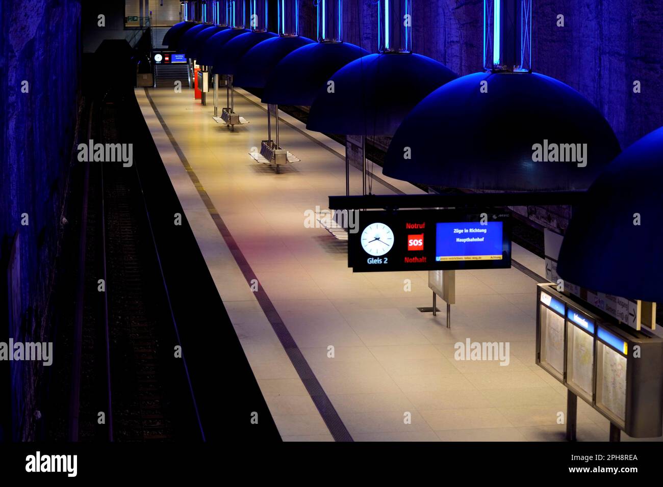 Lights burn in a closed subway station during a nationwide public transport strike in Munich