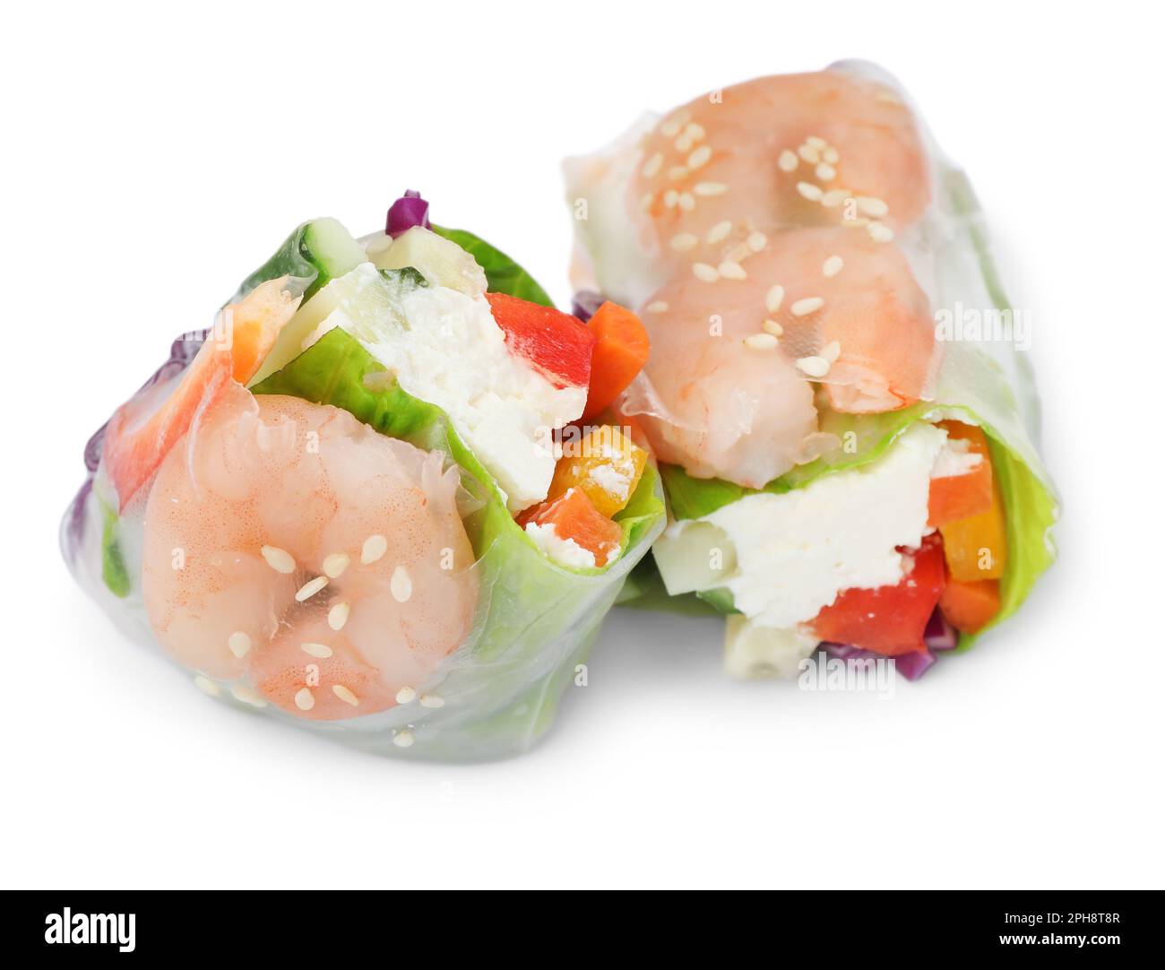 Delicious rolls wrapped in rice paper on white background, closeup ...