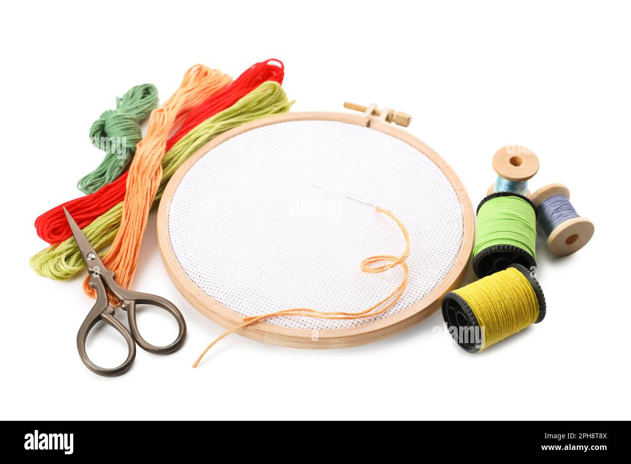 Set of embroidery equipment on white background Stock Photo Alamy
