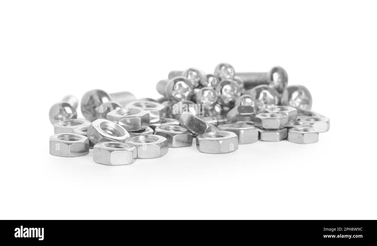Many metal bolts and nuts on white background Stock Photo Alamy