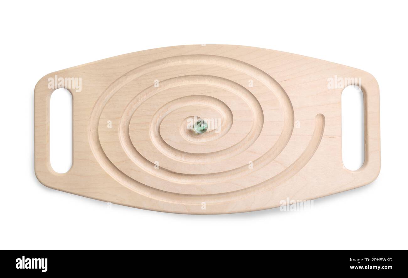 Wooden labyrinth balance board isolated on white, top view. Montessori