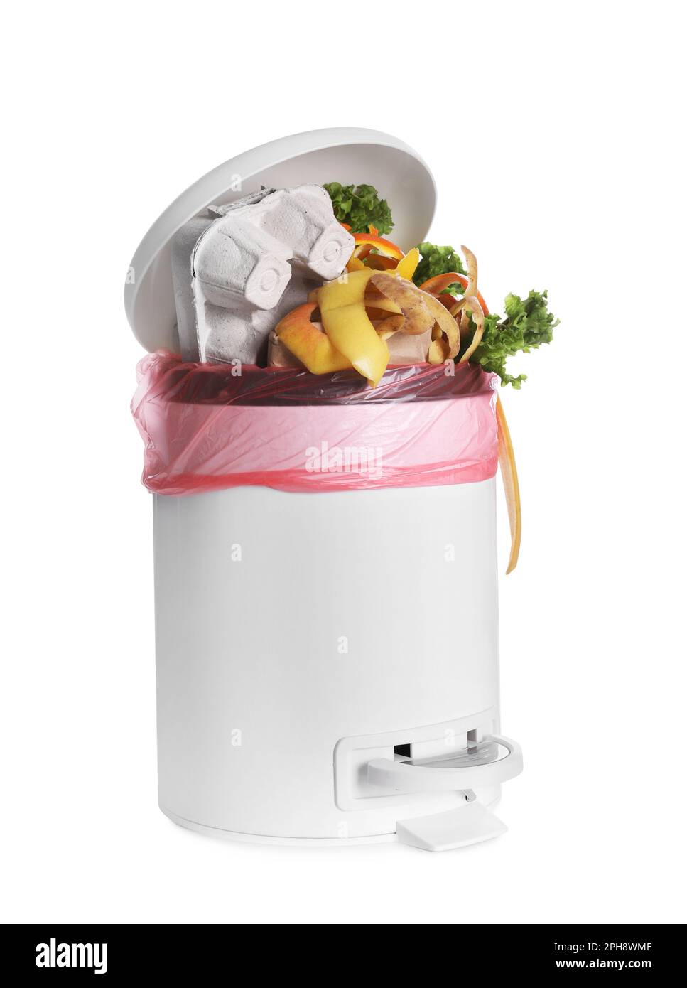 Bin full of garbage on white background. Rubbish recycling Stock Photo