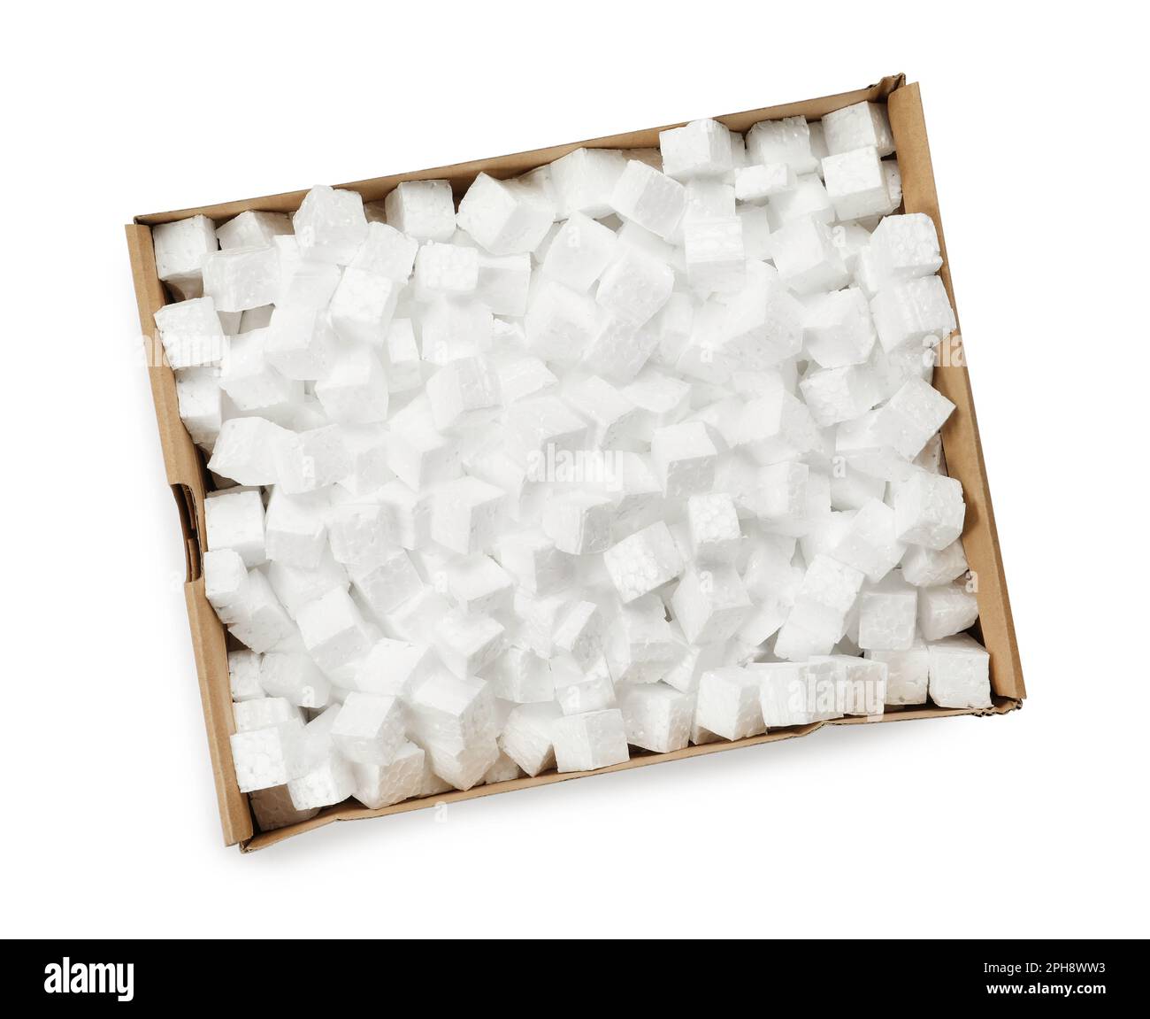 Cardboard box with styrofoam cubes isolated on white, top view Stock