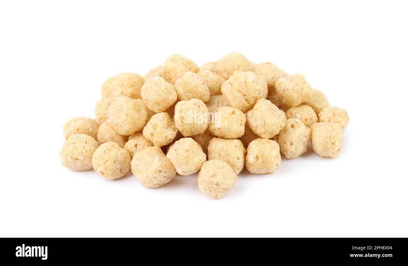 Pile of tasty corn balls on white background. Healthy breakfast cereal