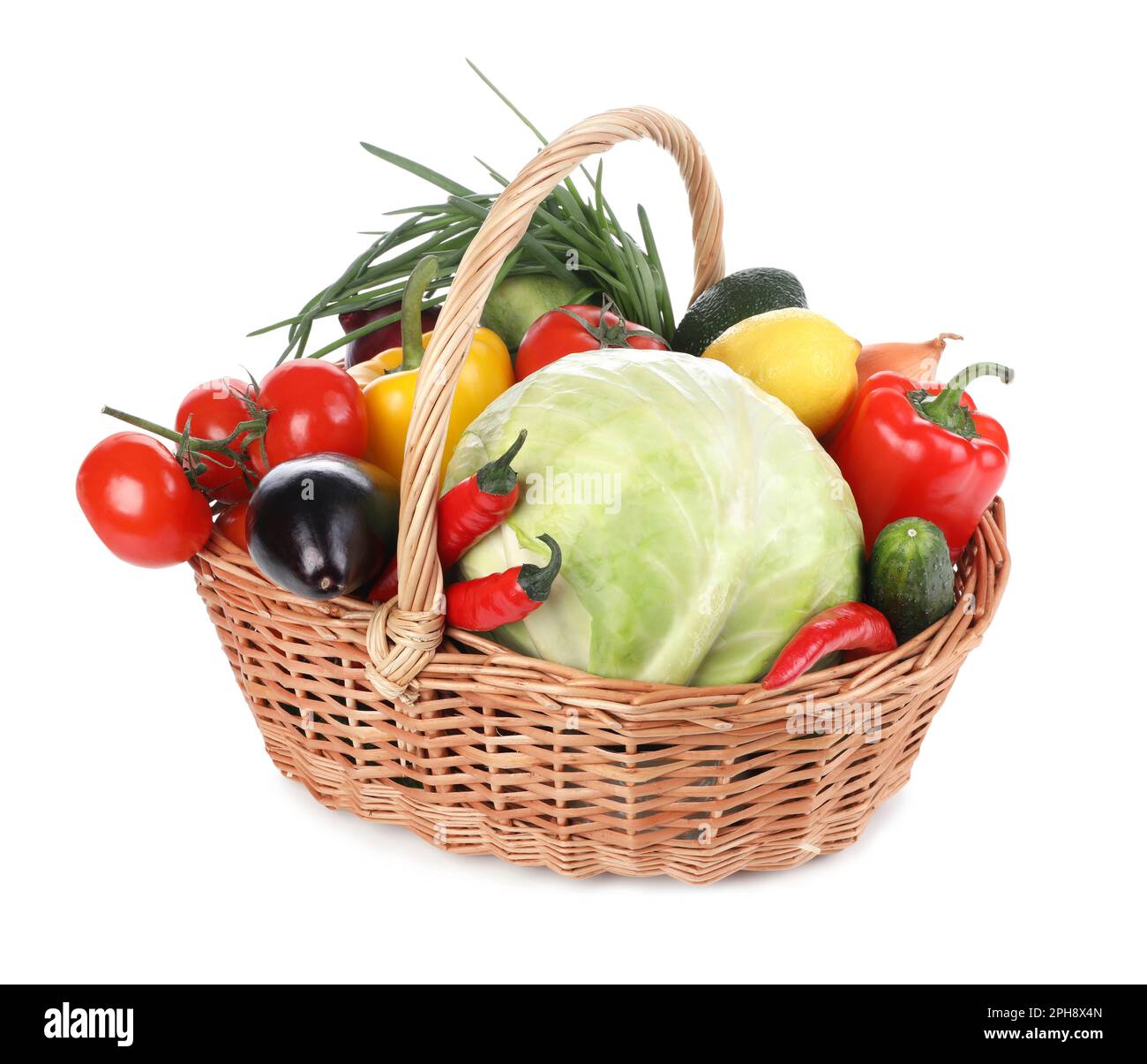 Fresh ripe vegetables and fruit in wicker basket on white background ...