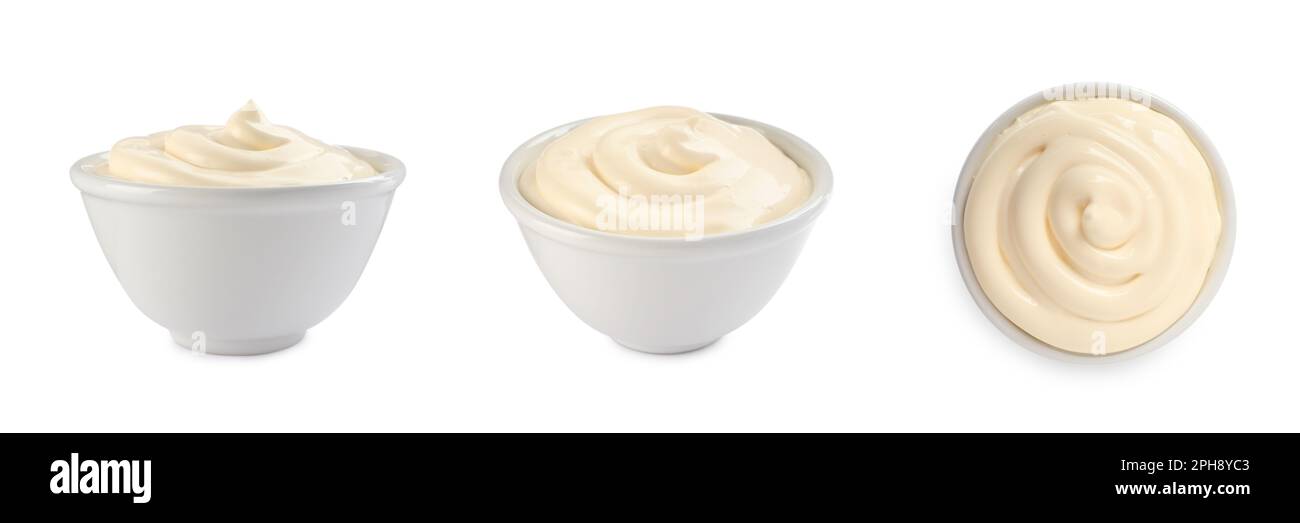 Set with tasty mayonnaise on white background. Banner design Stock