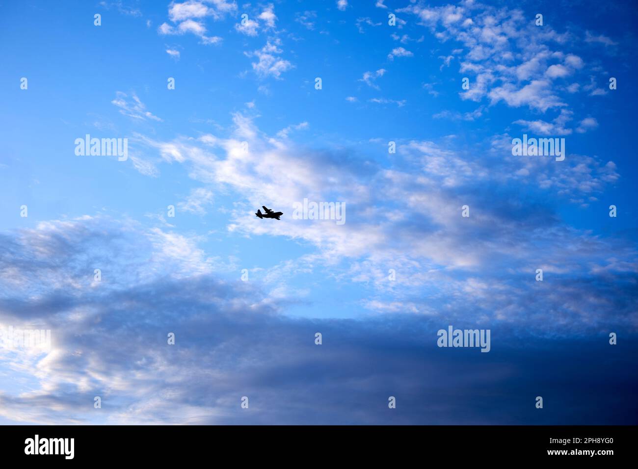 Captures a clear blue sky filled with fluffy white clouds, with a commercial airplane flying in the distance Stock Photo