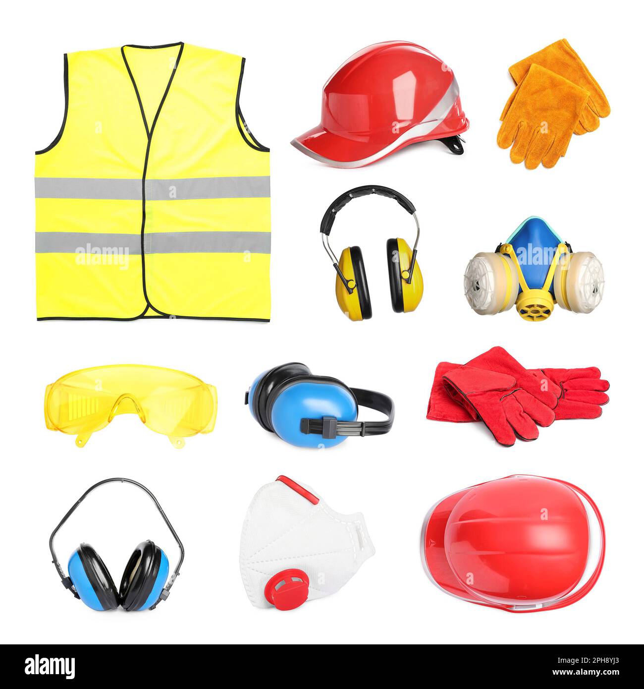 Set with protective workwear on white background. Safety equipment