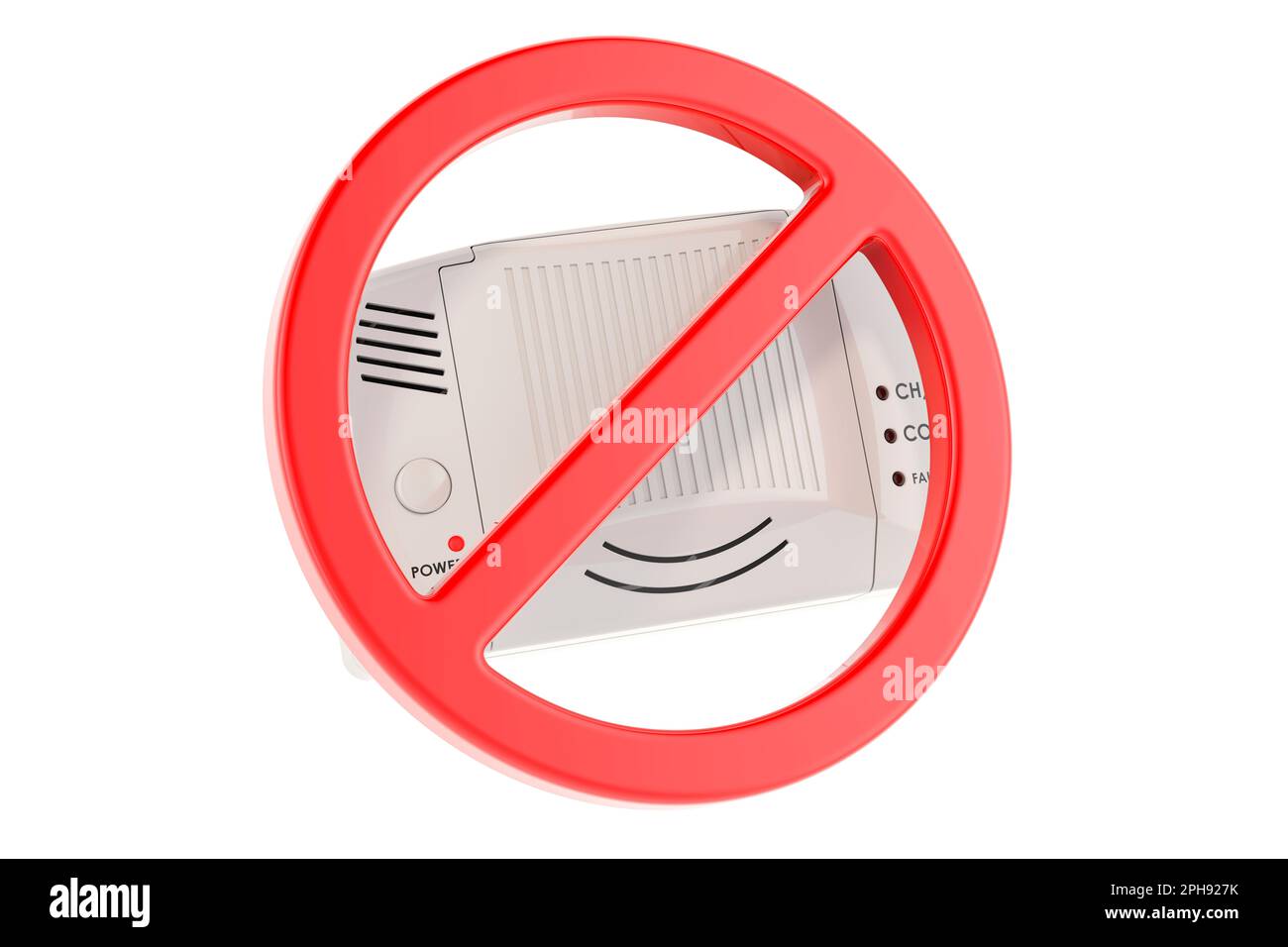 Carbon monoxide detector with forbidden symbol, 3D rendering isolated on white background Stock Photo