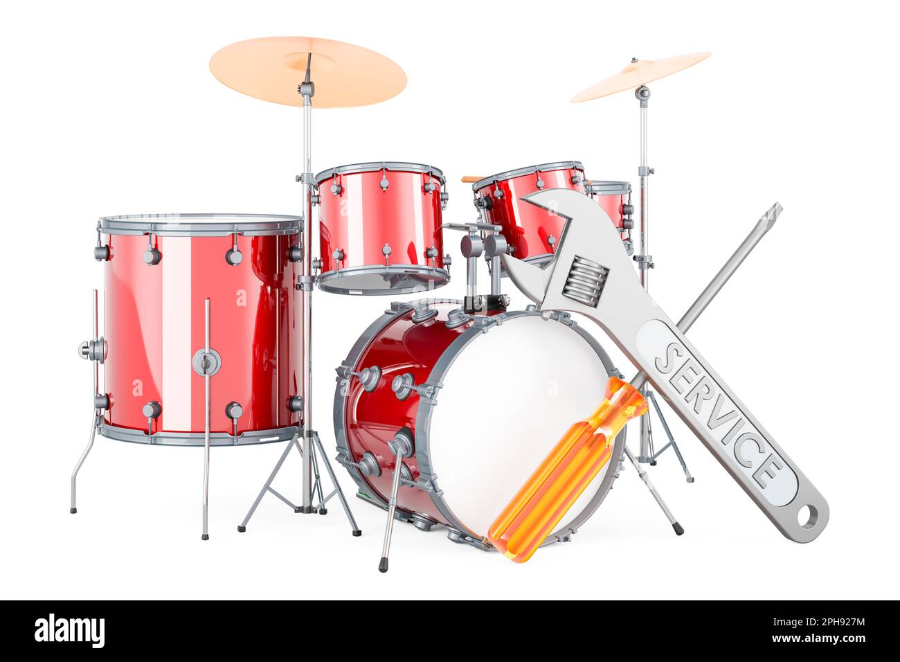 Drum kit with screwdriver and wrench, 3D rendering isolated on white background Stock Photo