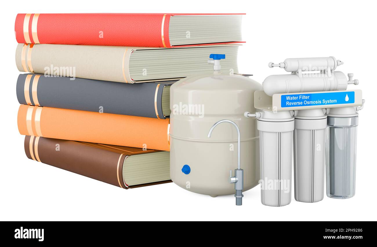 Reverse osmosis system with books, 3D rendering isolated on white background Stock Photo