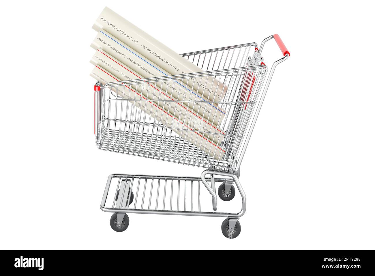 PVC pipes, composite pipe, uPVC pipe, cPVC pipe inside shopping cart, 3D rendering isolated on white background Stock Photo