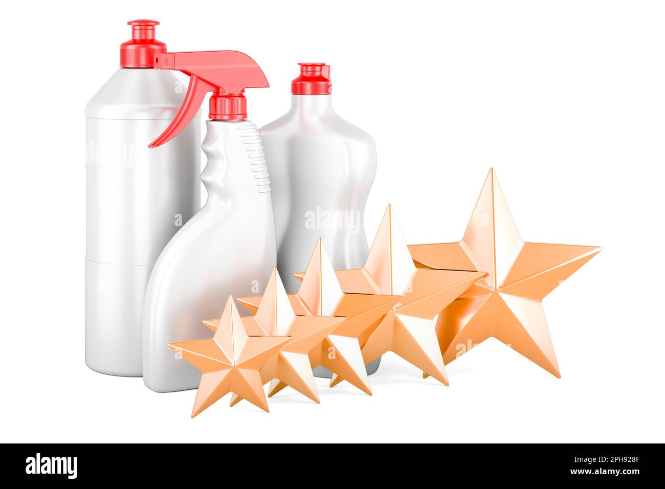Detergent, cleaning products with five golden stars. Customer rating, 3D rendering isolated on white background Stock Photo