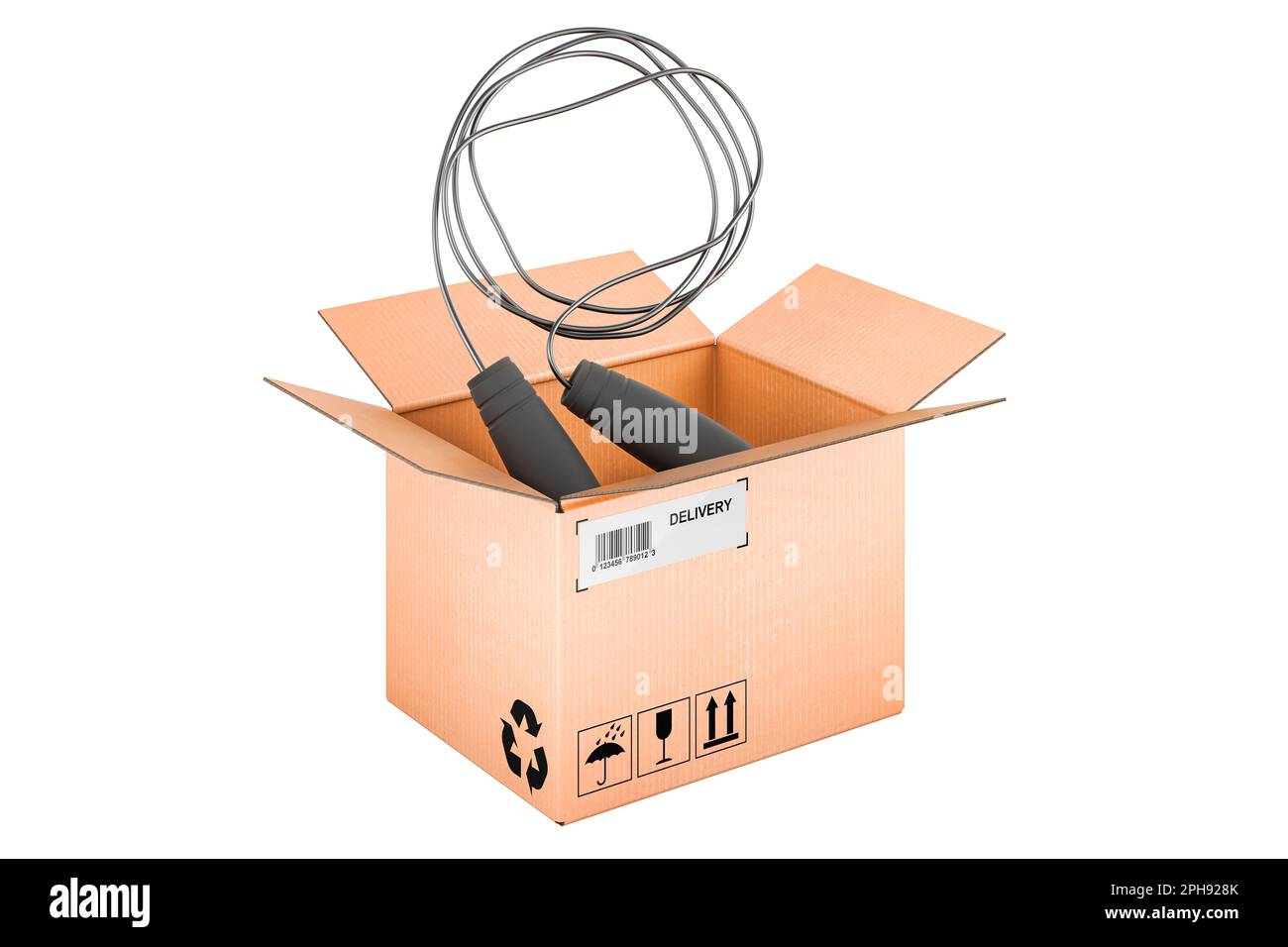 Skipping rope or jump rope inside cardboard box, delivery concept. 3D rendering isolated on white background Stock Photo