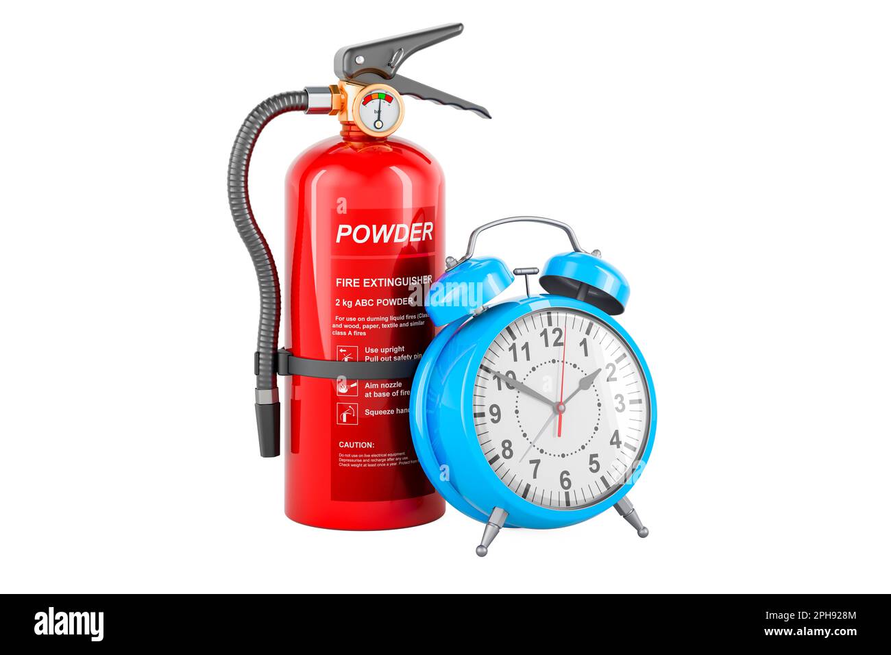Fire extinguisher with alarm clock. 3D rendering isolated on white background Stock Photo