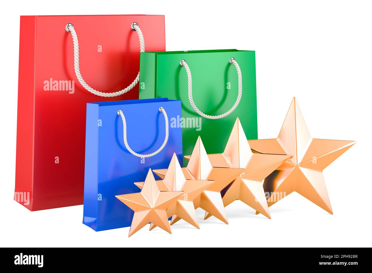 Shopping bags with five golden stars. Customer rating, 3D rendering isolated on white background Stock Photo