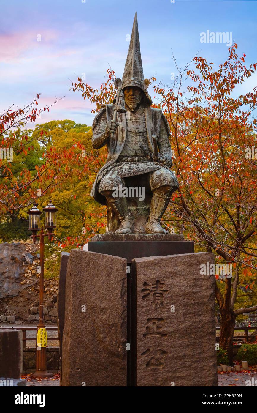 Kumamoto, Japan Nov 23 2022 Statue of Katō Kiyomasa in front of