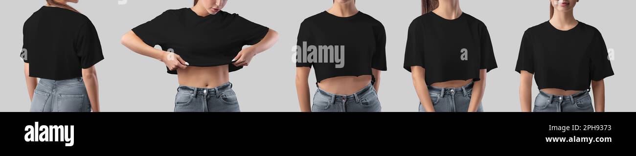 Black t-shirt mockup on a slim girl, crop top for design, print, pattern, branding. Women's shirt set. Textured apparel template isolated on backgroun Stock Photo