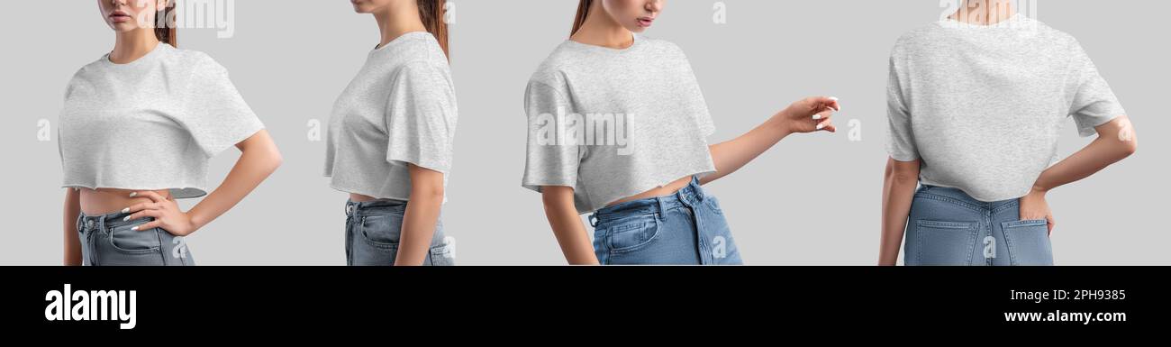 Mockup of white crop top on girl, casual fashion clothes, for branding, print, pattern, advertising, front, side, back view. Set. Canvas bella women's Stock Photo