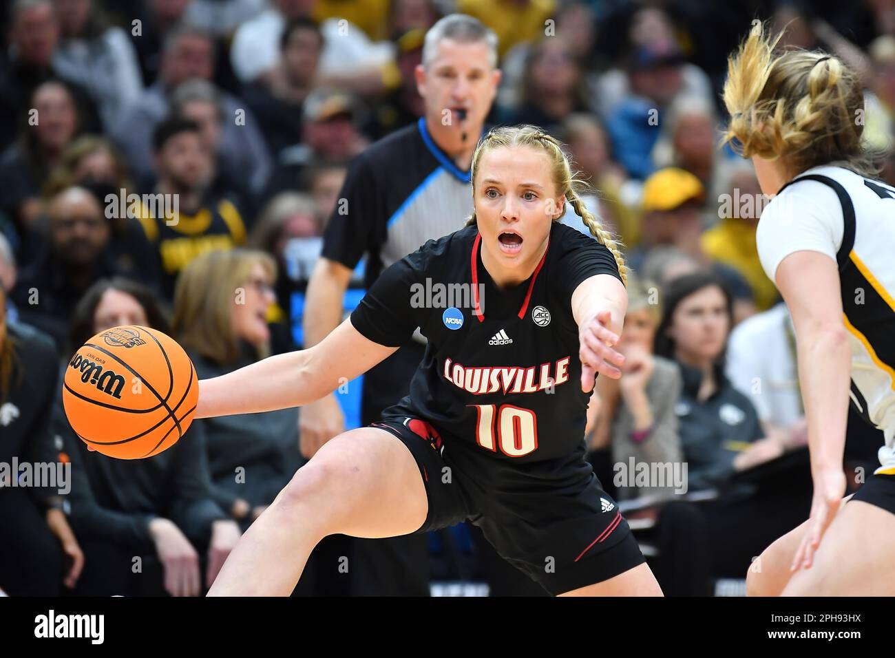 March 26, 2023: Louisville Cardinals guard Hailey Van Lith (10) going towards the basket during the NCAA women's NCAA Regional Final basketball game between Louisville and Iowa at Climate Pledge Arena in Seattle, WA. Iowa defeated Louisville 97-83 to advance to the Final 4. Steve Faber/CSM Stock Photo