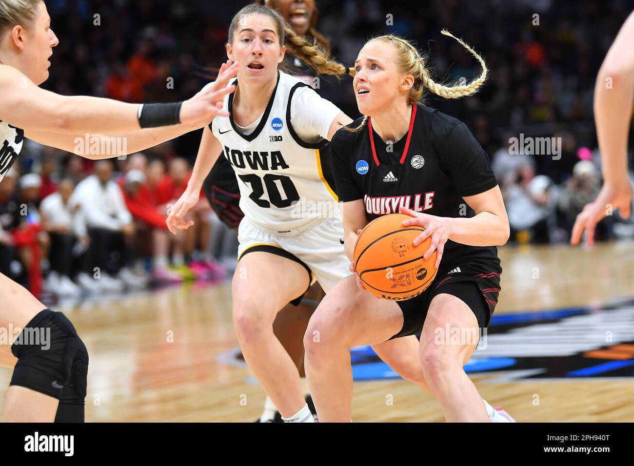 March 26, 2023: Louisville Cardinals guard Hailey Van Lith (10) pulls up to shoot during the NCAA women's NCAA Regional Final basketball game between Louisville and Iowa at Climate Pledge Arena in Seattle, WA. Iowa defeated Louisville 97-83 to advance to the Final 4. Steve Faber/CSM Stock Photo