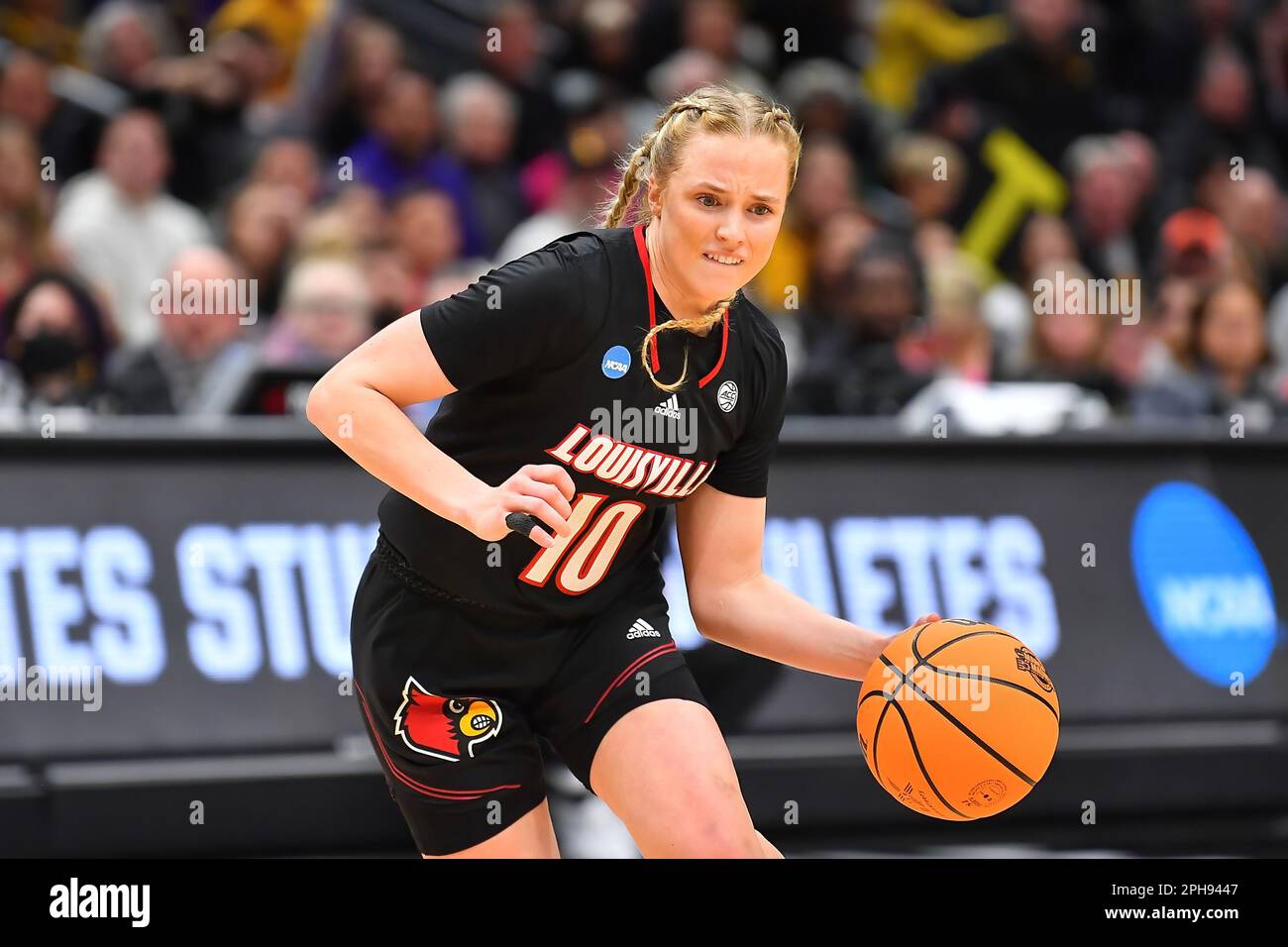 March 26, 2023: Louisville Cardinals guard Hailey Van Lith (10) moves towards the basket during the NCAA women's NCAA Regional Final basketball game between Louisville and Iowa at Climate Pledge Arena in Seattle, WA. Iowa defeated Louisville 97-83 to advance to the Final 4. Steve Faber/CSM Stock Photo