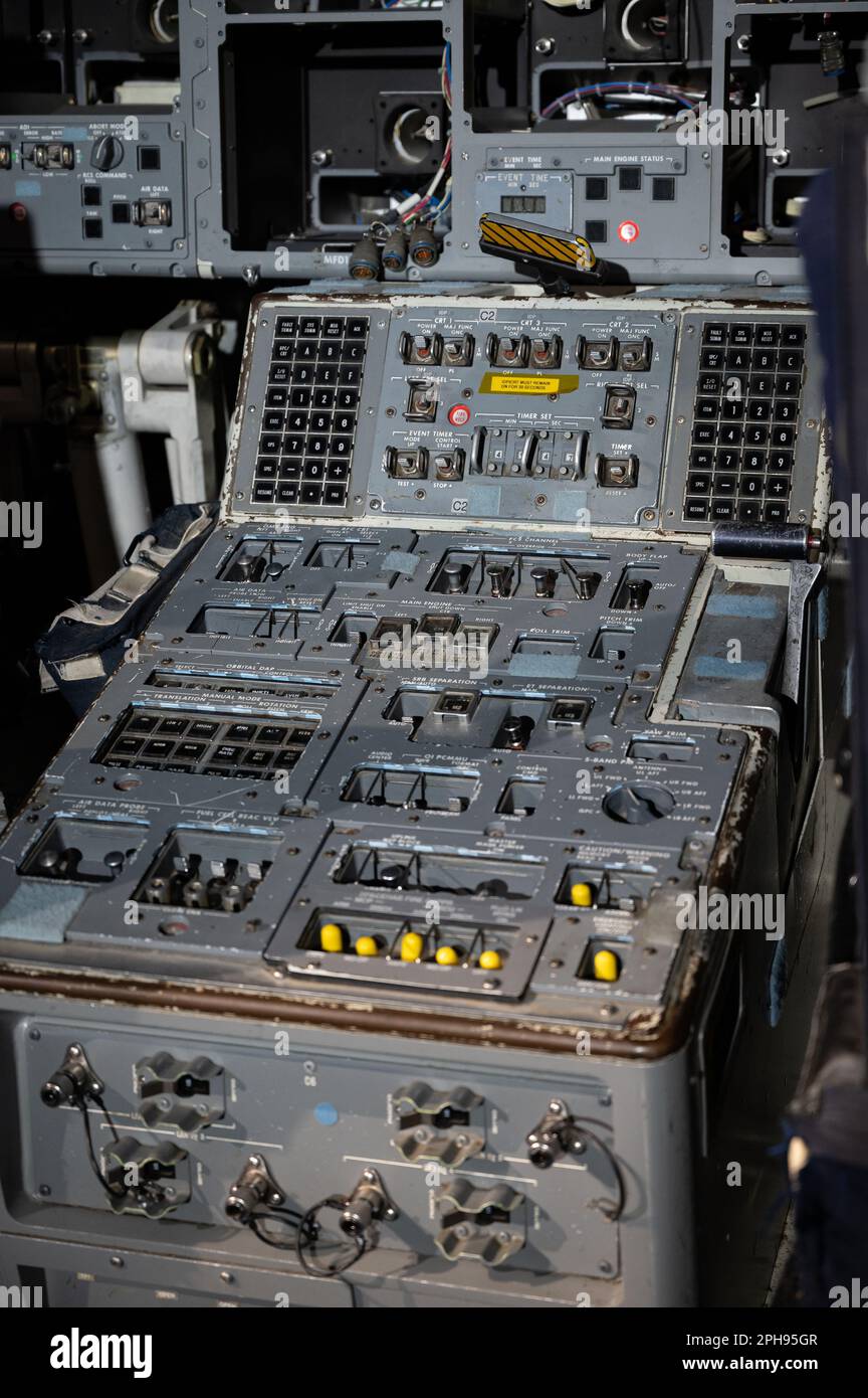 an airplane cockpit, revealing the intricate details of its complex control panel Stock Photo