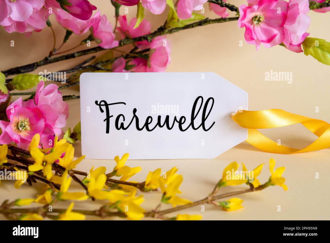 Spring Flower Decoration, Label With English Text Farewell Stock Photo