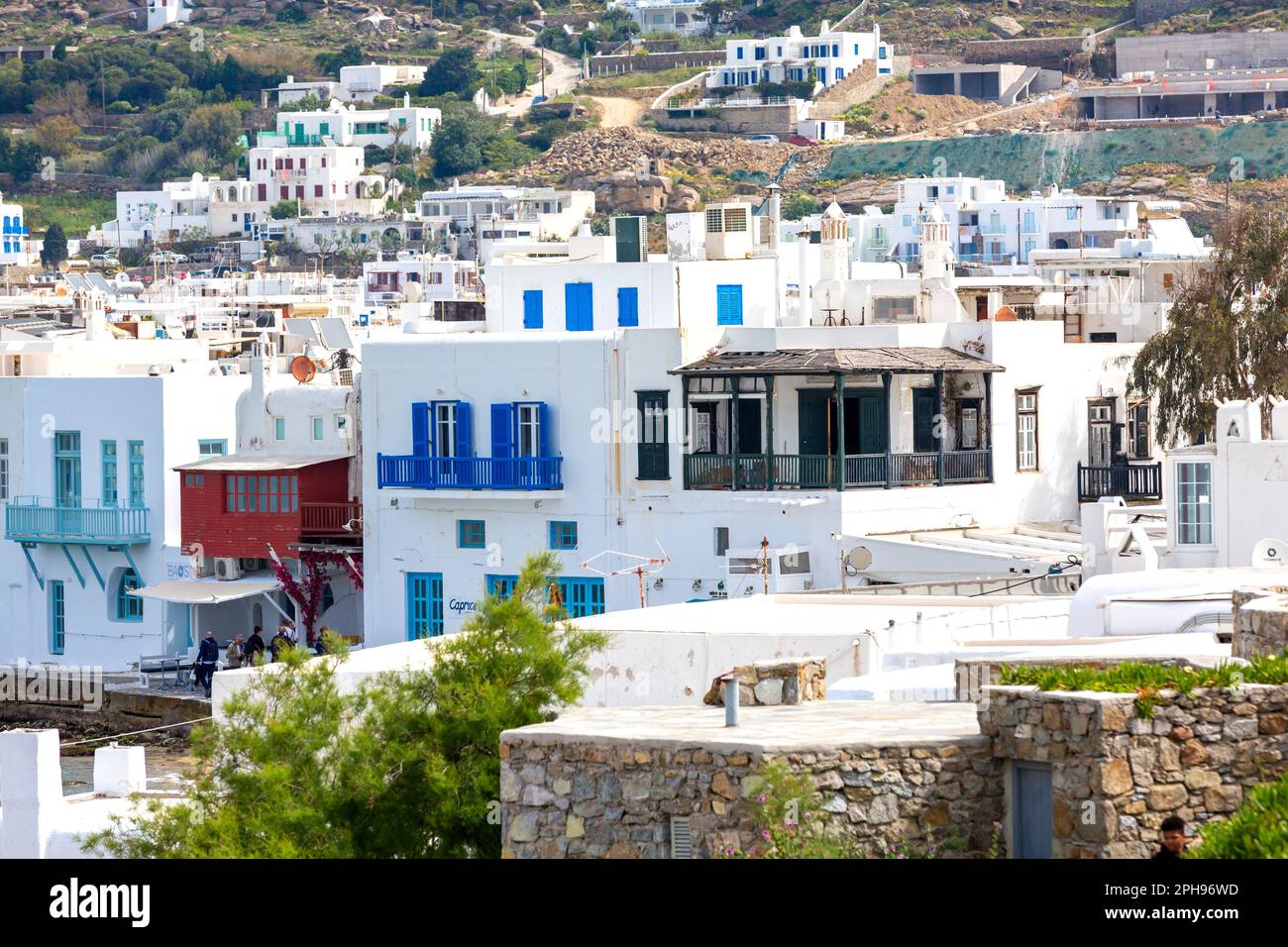 Mykonos, Greece - April 23, 2019: Little Venice white houses of famous island Stock Photo