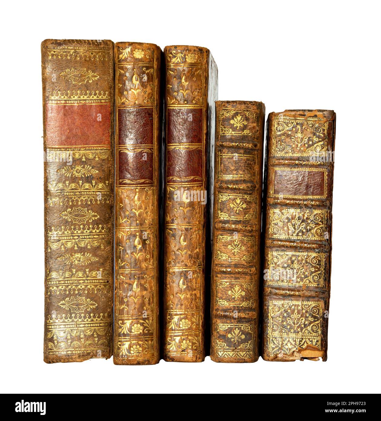 Row of antique books with a leather cover and golden ornaments on isolated on white background Stock Photo