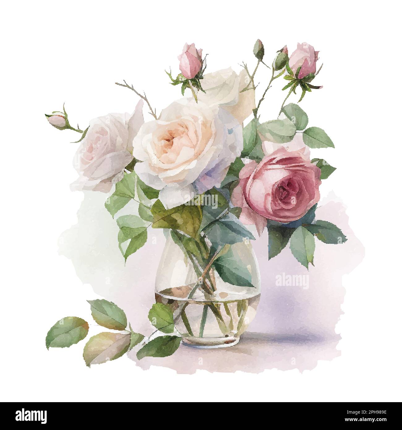 Watercolor bouqet with wild pink and white Roses in vase. Collection ...