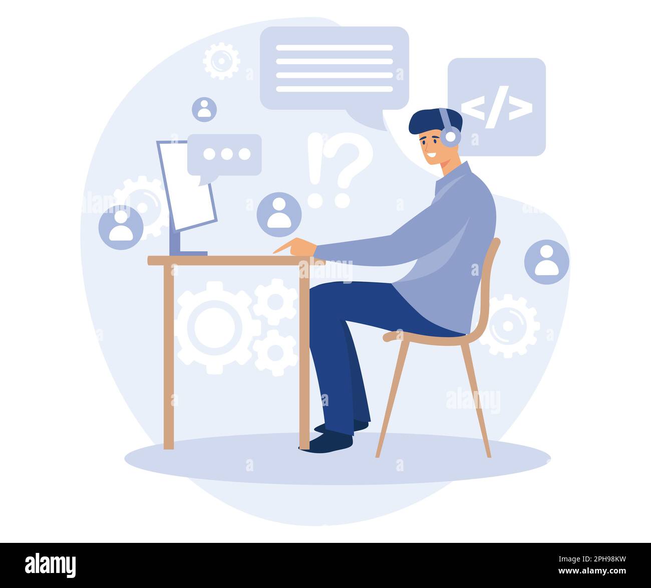 Customer service concept. Hotline operator in headset consults client. flat vector modern illustration Stock Vector