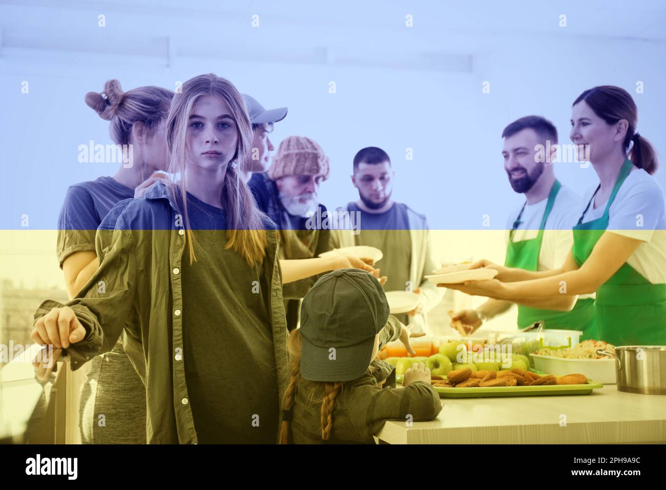 Double exposure of refugees receiving food from volunteers and Ukrainian flag. Help during war Stock Photo