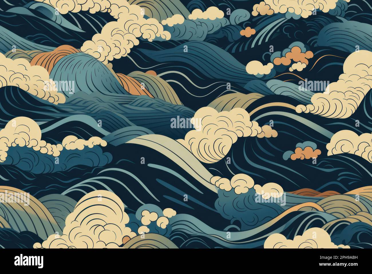 A vintage style japanese crashing wave background. Seamless pattern. Generative ai Stock Photo